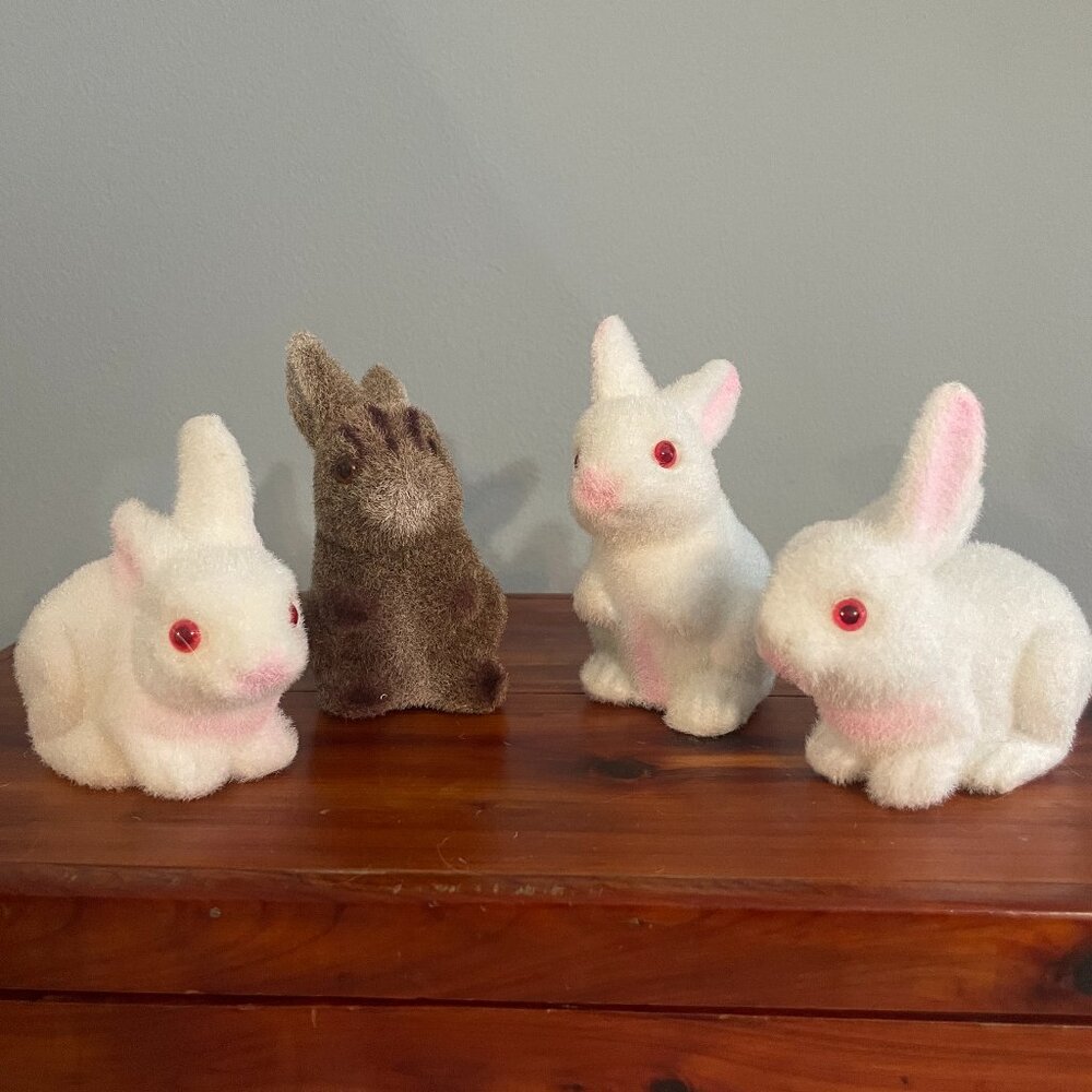 Vintage Flocked Easter Bunny White Brown Decor Figures Set of 4